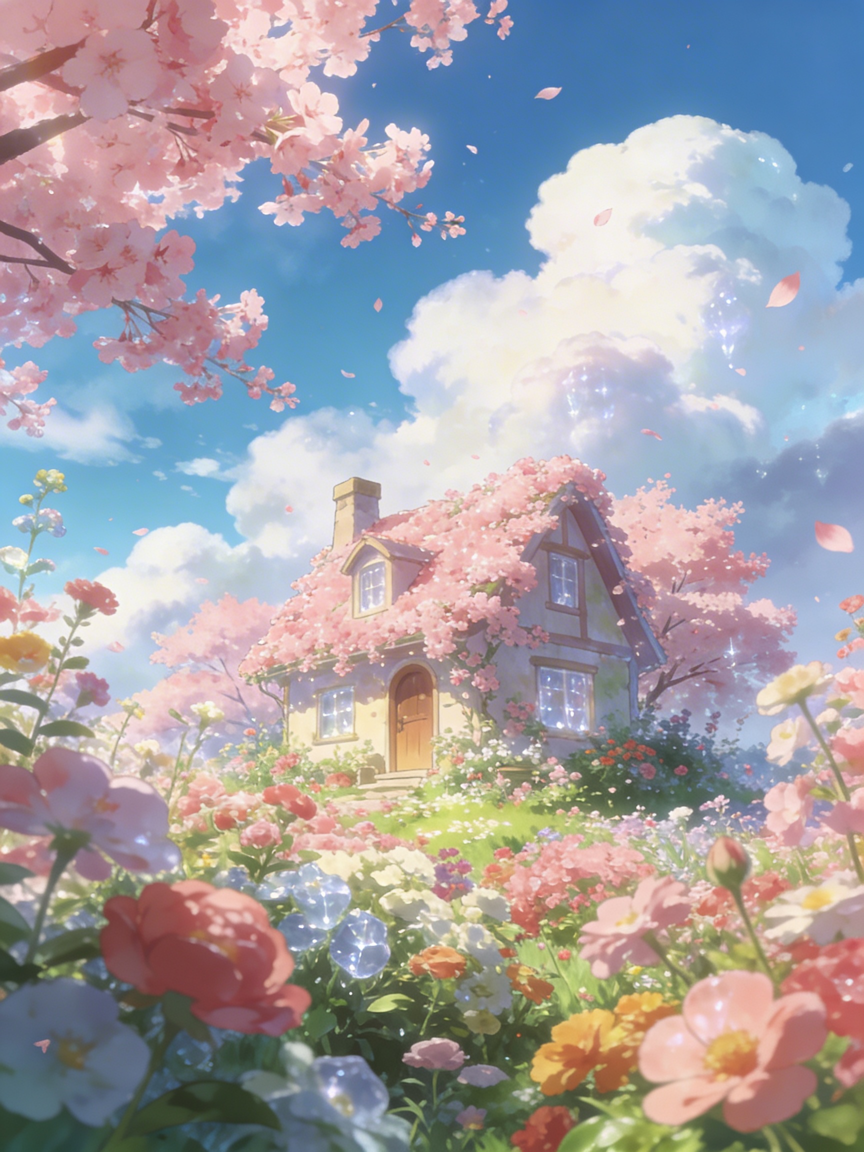 以充满治愈感的宫崎骏动画风格呈现，小屋坐落在繁花与粉樱簇拥的地方，构成了梦幻般的童话场景。上方的蓝天犹如透明的水晶，洁白的云朵像蓬松的棉花糖缓缓飘过。柔和的阳光倾洒而下，让鲜艳却不张扬的花草色彩更加生动，营造出纯真美好的氛围，仿佛置身于宫崎骏笔下的梦幻世界，8K高清画面中，每一处细节，如花朵的姿态、樱花的轻盈、云朵的绵软都细腻可辨。