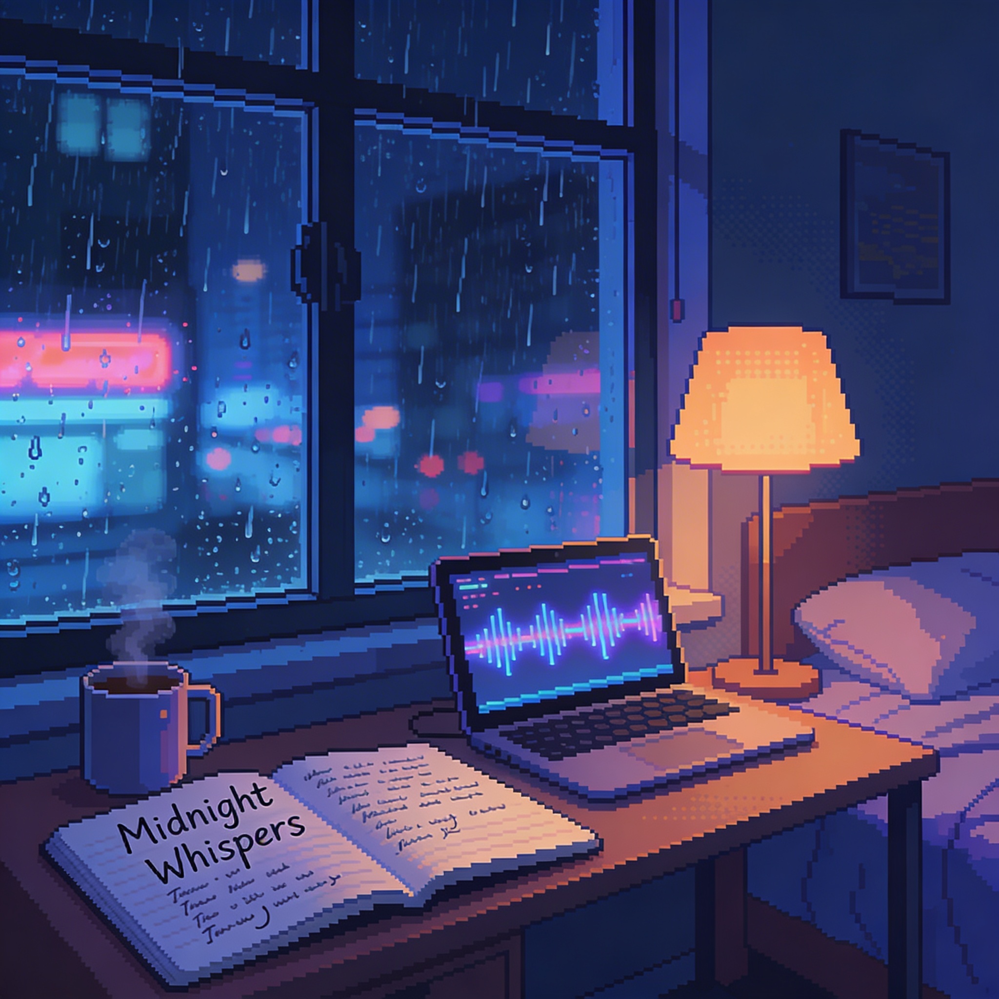 Pixel art album cover, cozy small bedroom at night, large window with heavy rain falling outside, blurry neon city lights reflecting on wet glass, desk with open notebook and handwritten lyrics, steaming mug, laptop playing soft lofi visualizer, warm lamp light contrasting with cool blue night tones, cinematic lighting, detailed pixel shading, nostalgic atmosphere, square format, aesthetic lofi cover