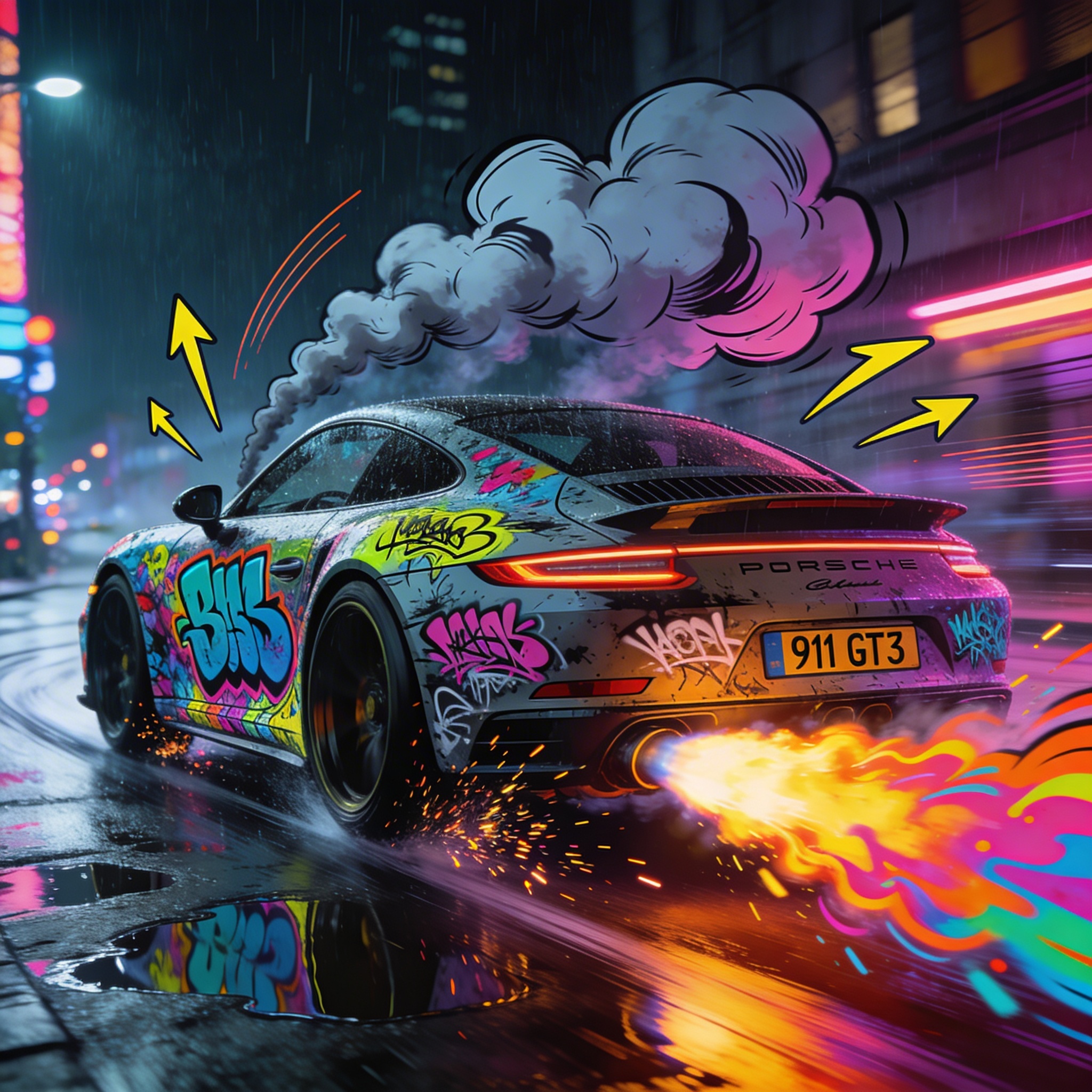 A realistic Porsche 911 GT3 speeding through a rainy neon-lit city street at night, motion blur. The car features vibrant 2D graffiti style visual effects: stylized colorful comic-book smoke and nitro flames bursting from the exhaust, graffiti-style sparks flying from the spinning wheels, and bright hand-drawn arrows and speed lines floating around the car body. The car itself is covered in colorful street art decals. Cinematic lighting, puddles on the ground with reflections, hyper-realistic texture vs flat 2D graffiti elements, 8k resolution, highly detailed.