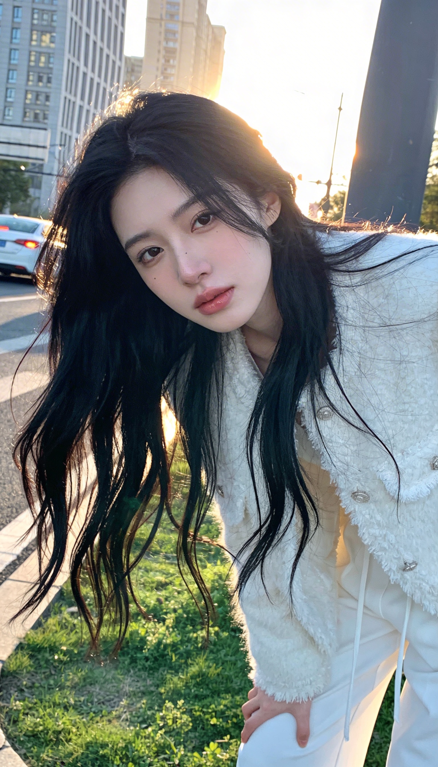 人像摄影，日常快照风格，皮肤白皙，底妆通透，肤色均匀自然，女生的发丝清晰可见，神情忧郁妖冶少女，冷白皮，纯欲风，黑色长发，氛围温柔随和。表情自然松弛，照片毫无修饰感，带有生活真实感。ccd拍照感，iphone实拍，特写构图，画面以充满画面的形式呈现，利用黑色发丝的自然散落形成丰富的线条层次，让整个构图充满了柔和的氛围感，细节丰富且极具视觉吸引力，身着白色毛绒外套、白色长裤；在城市街道边绿化带上，背景有高楼、车辆与逆光阳光，整体风格都市时尚，充满落日街头的氛围感与高级感，倾斜构图，