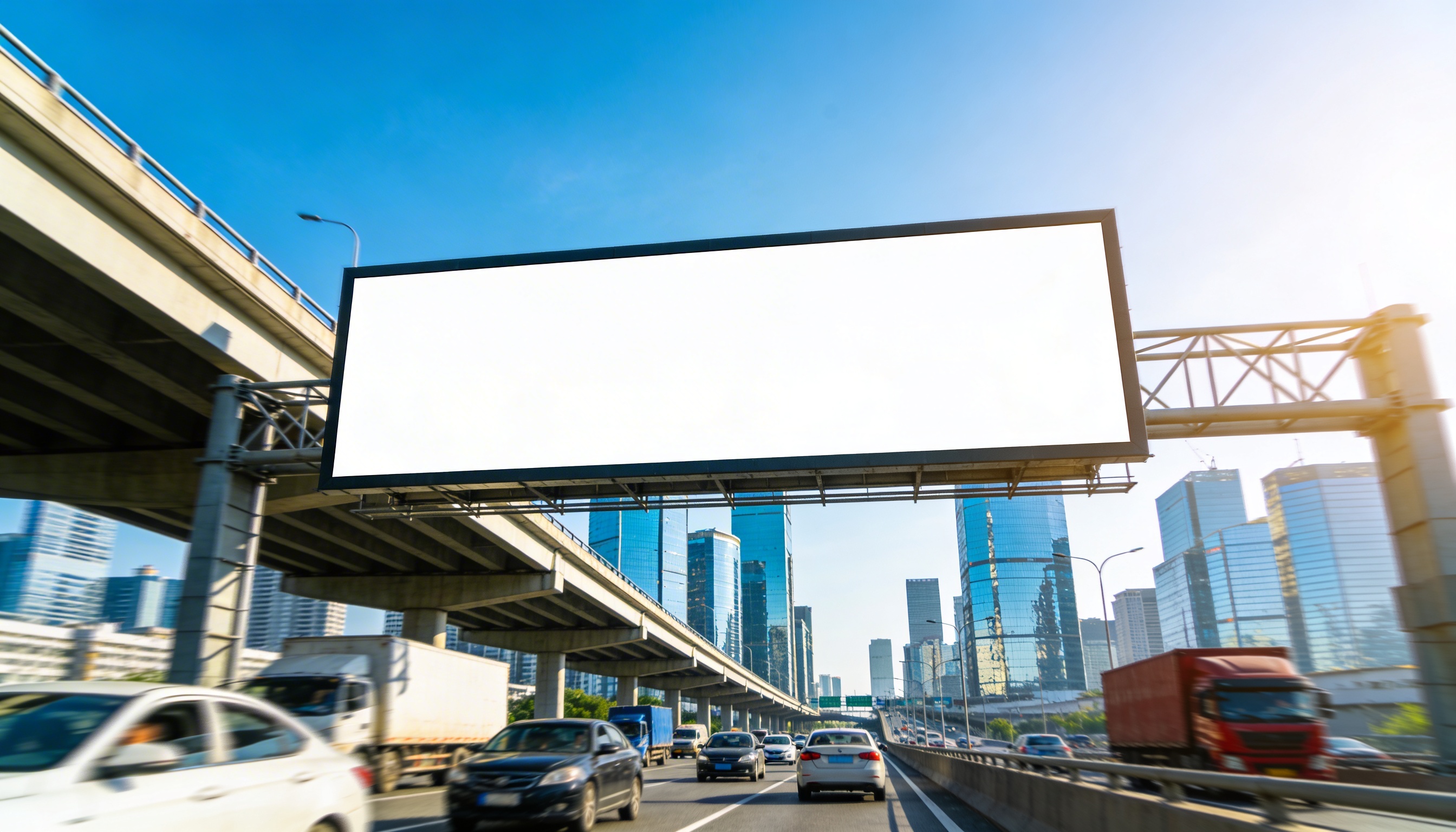 empty billboard above busy highway traffic, modern city skyline background, bright daylight commercial photography