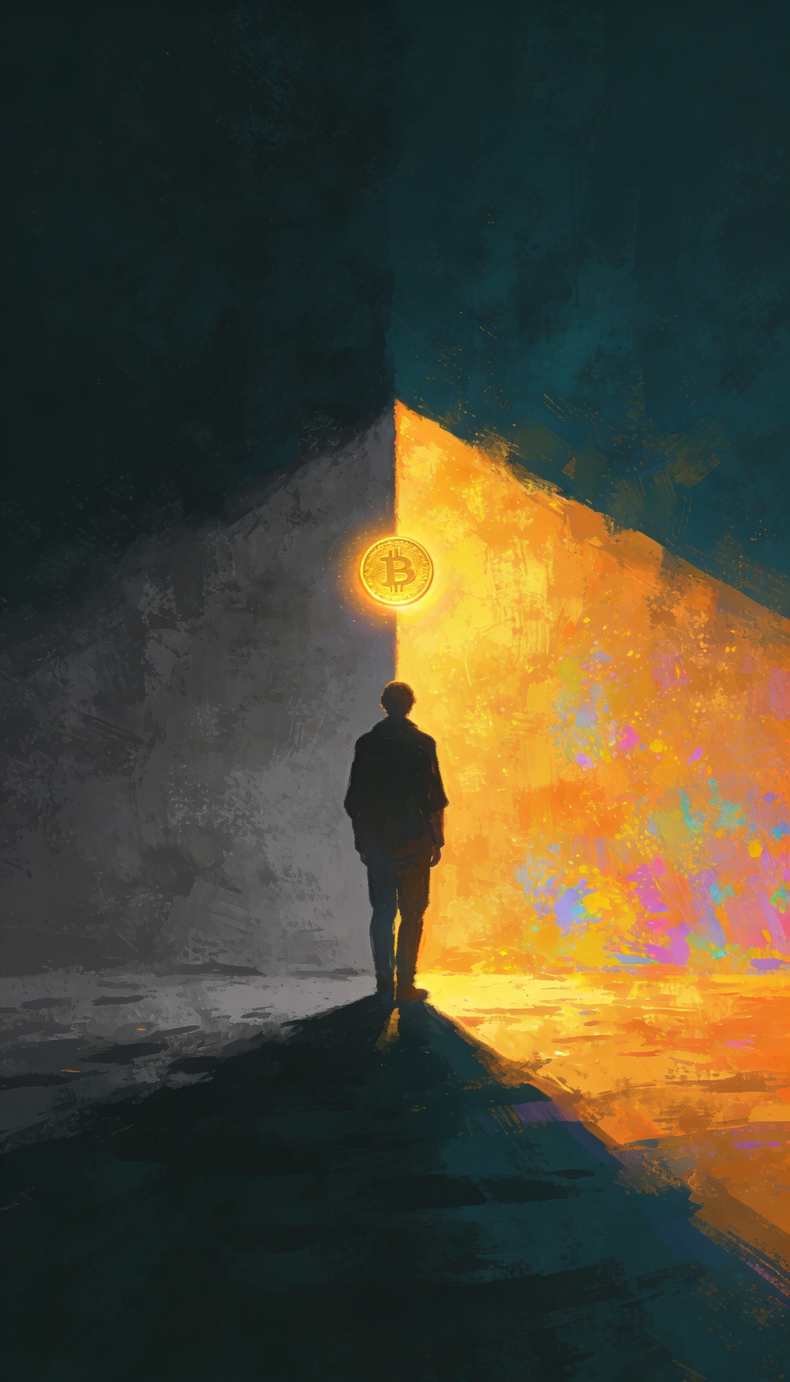 A symbolic scene of a person standing between two contrasting worlds, one side grey and shadowy, the other side vibrant with warm golden and colorful light, a subtle glowing coin floating between the two sides, moody painterly illustration, dark petrol and deep teal background tones, strong contrast with warm orange-golden light, cinematic lighting, slightly abstract, mystical atmosphere, emotional storytelling,
moody painterly illustration in a rough textured brush style, dark petrol and deep teal background tones, strong contrast with warm glowing orange-golden light source  cinematic lighting, symbolic atmosphere, soft grain texture, slightly abstract, minimal composition, calm and mystical mood, storytelling aesthetic, emotional depth, high contrast between darkness and warm light, artistic, not photorealistic