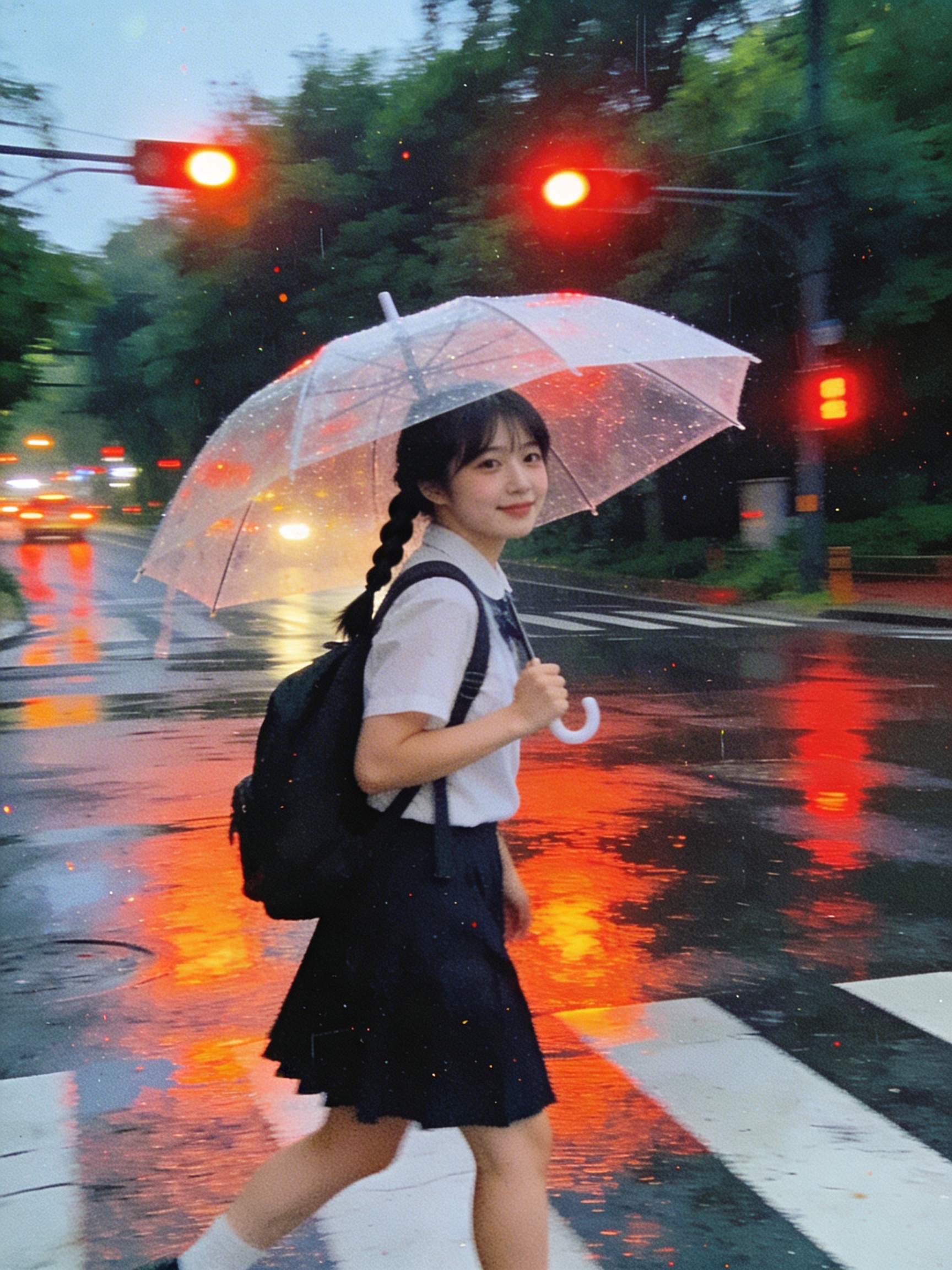 一个背着书包、扎着辫子的日本女学生，在雨夜的城市街道上撑着一把透明雨伞，低视角拍摄。复古美学，90 年代老胶片风格，浓重的胶片颗粒，模糊虚焦的摄影感。 湿滑地面反射出柔和闪烁的红橙色交通灯光，背景是深绿色的树木。高 ISO 噪点，低保真氛围，怀旧情绪，色调柔和但伴有鲜艳的漏光效果。--candid shot --disposable camera

相机：老式 CCD 风格，高饱和，噪点肌理。闪光灯拍摄