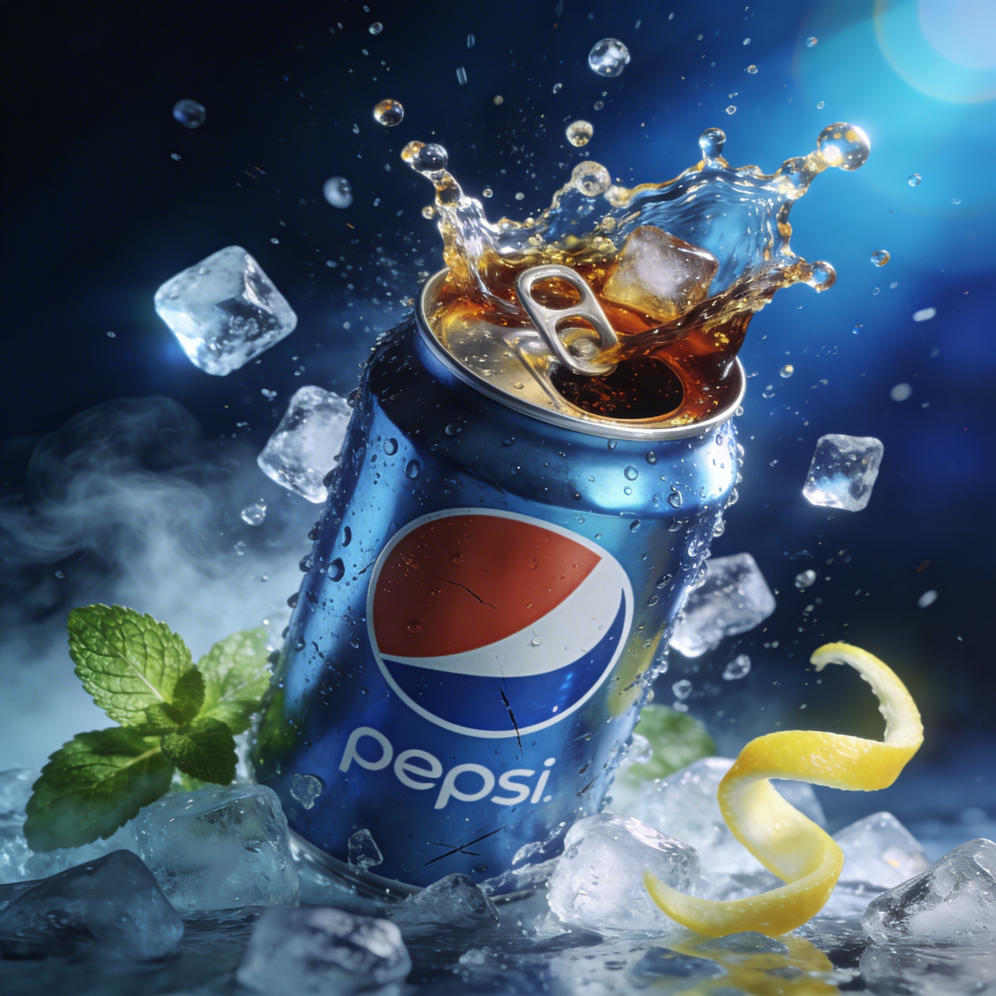 A hyper-realistic, ultra-detailed 3D digital advertisement showcasing a Pepsi can bursting open at its center, sending a refreshing splash of carbonated cola into the air, with effervescent bubbles and ice cubes flying outward. The can’s metallic surface is rendered with sharp, photorealistic textures, complete with condensation droplets, light reflections, and subtle scratches. Surrounding the scene are cold, translucent ice shards and a twist of lemon zest caught mid-motion, adding a vibrant contrast. The background features a deep electric blue gradient with cinematic volumetric lighting and soft lens flares. Green mint leaves and misty vapors add a refreshing, natural accent. The entire scene is rendered in 4K UHD using advanced global illumination, HDR lighting, and realistic shadows. The composition evokes premium beverage advertising with a dramatic tone.