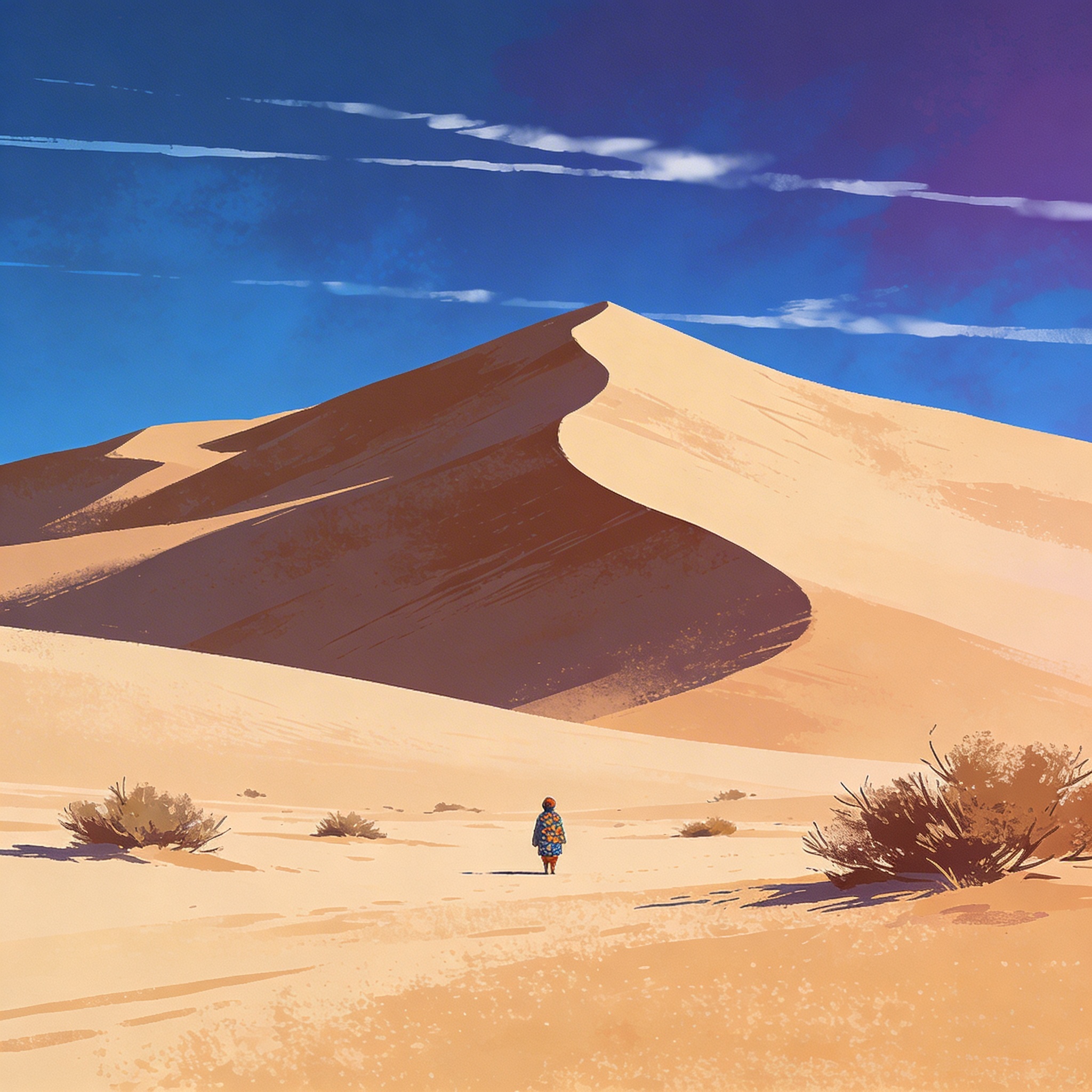 пустыня с высокими дюнами и редкими кустарниками, под ярким голубым небом с несколькими тонкими белыми облаками, служащая фоном для центральной фигуры, выполненная в стиле цифрового рисунка с мелкими детальными текстурами и контрастными цветами, где пустынный фон имеет теплые оттенки бежевого и коричневого, а небо над головой глубокое голубое с едва заметными оттенками синего и фиолетового, все это сочетается в гармоничной композиции цифрового искусства