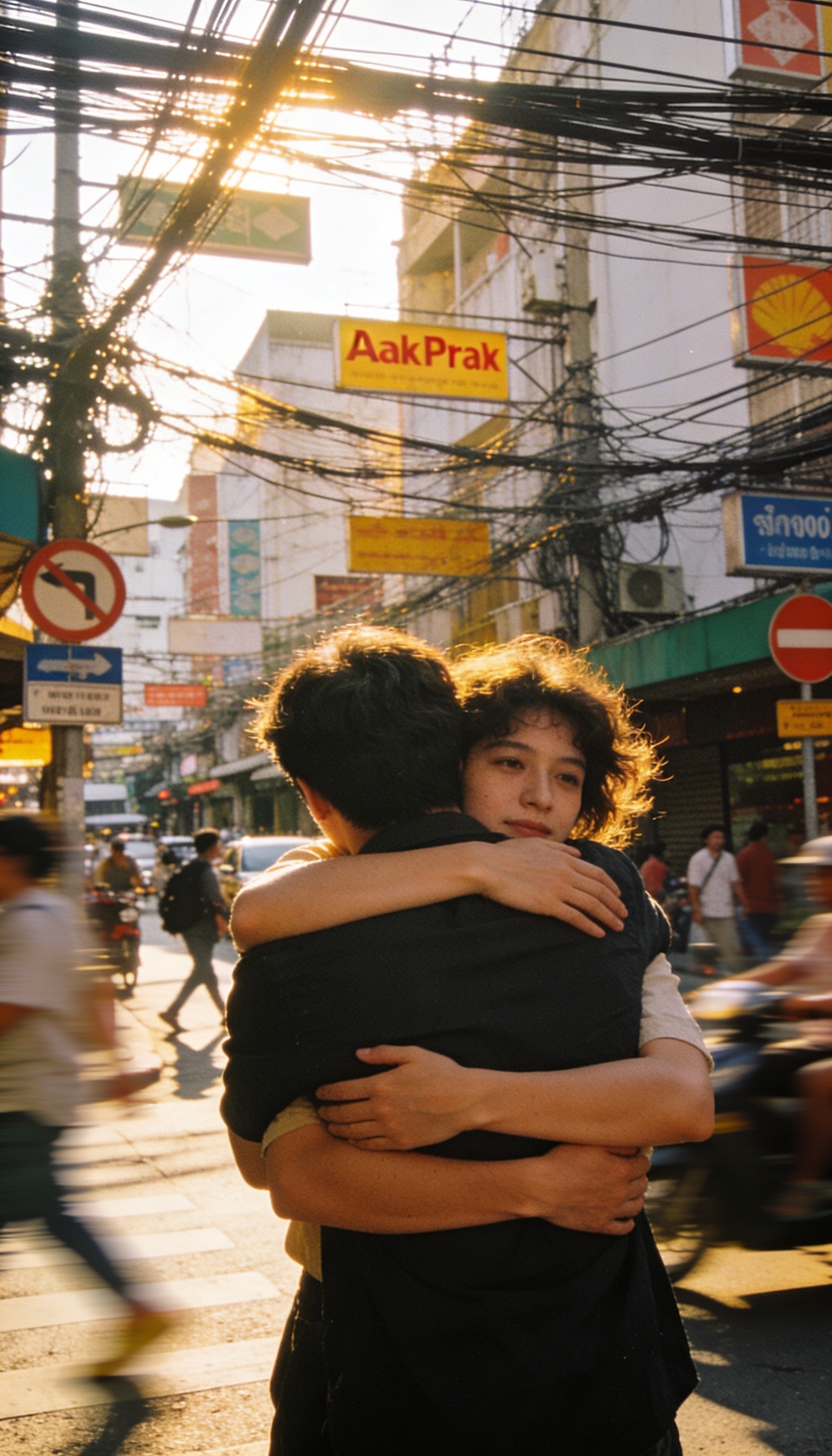 high resolution photography, candid shot, couple, hugging, at a complicated street, 35mm film, kodak portra 400, motion blur, authentic emotion, film grain, cinematic lighting, rich detailed