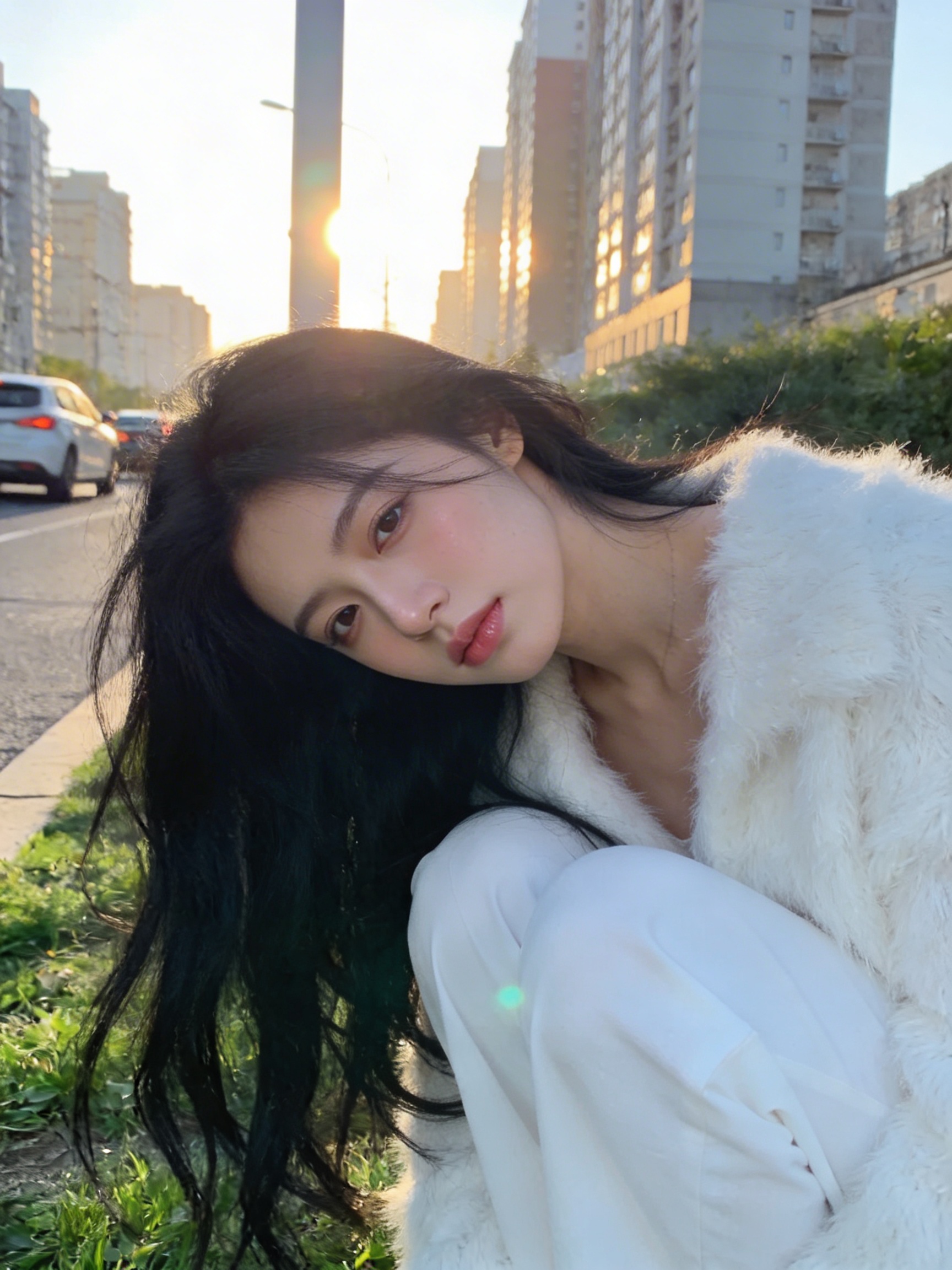 人像摄影，日常快照风格，皮肤白皙，底妆通透，肤色均匀自然，女生的发丝清晰可见，神情忧郁妖冶少女，冷白皮，纯欲风，黑色长发，氛围温柔随和。表情自然松弛，照片毫无修饰感，带有生活真实感。ccd拍照感，iphone实拍，特写构图，画面以充满画面的形式呈现，利用黑色发丝的自然散落形成丰富的线条层次，让整个构图充满了柔和的氛围感，细节丰富且极具视觉吸引力，身着白色毛绒外套、白色长裤；在城市街道边绿化带上，背景有高楼、车辆与逆光阳光，整体风格都市时尚，充满落日街头的氛围感与高级感，倾斜构图，